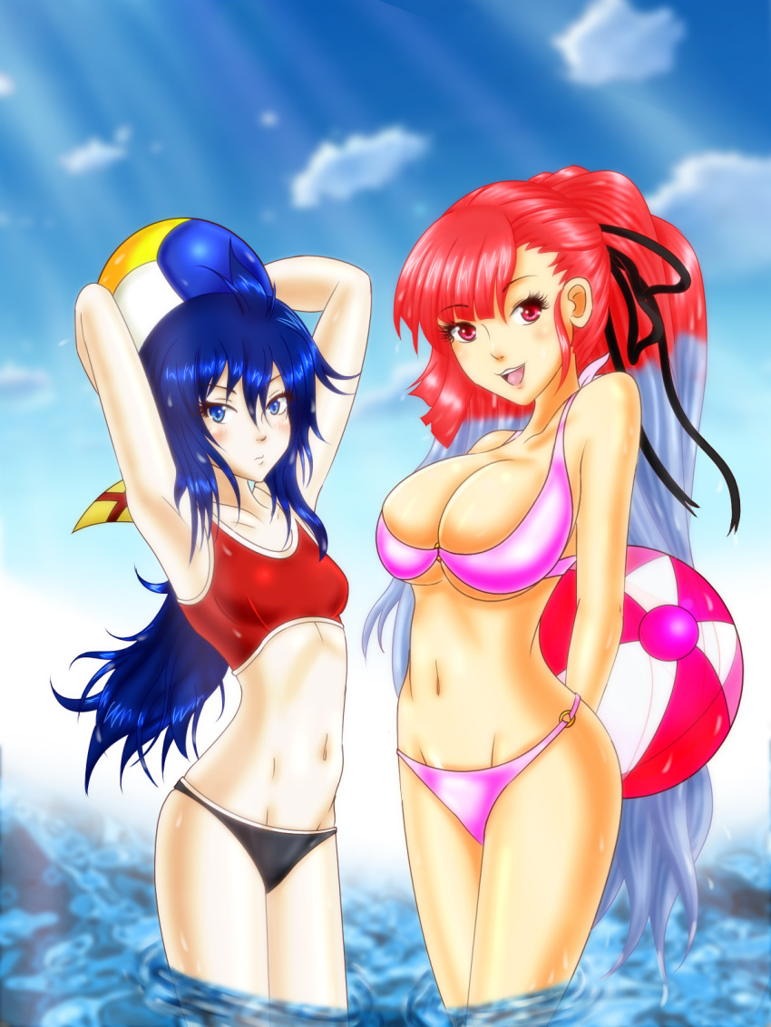 2girls, armpits, arms_up, ball, beachball, bikini, black_hair, blue_eyes