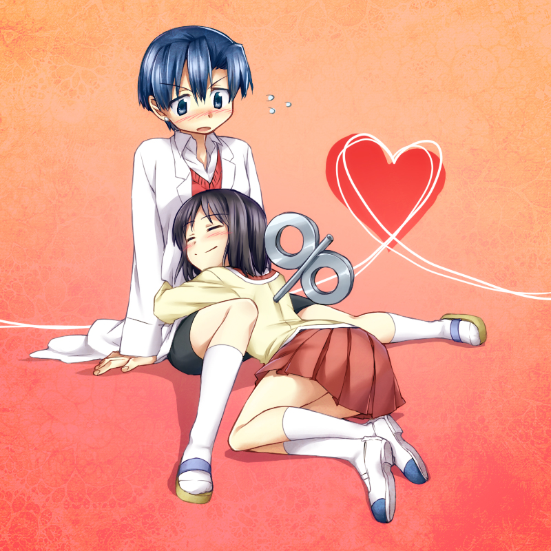 2girls, arm_support, bike_shorts, black_hair, blue_eyes, blue_hair, blush, closed_eyes, earrings, flying_sweatdrops, full_body, heart, heian_jirou, hug, jewelry, labcoat, long_sleeves, multiple_girls, nakamura_kana, nichijou, open_mouth, orange_background, sandals, school_uniform, shinonome_nano, shoes, short_hair, sitting, skirt, socks, uwabaki, white_legwear, winding_key