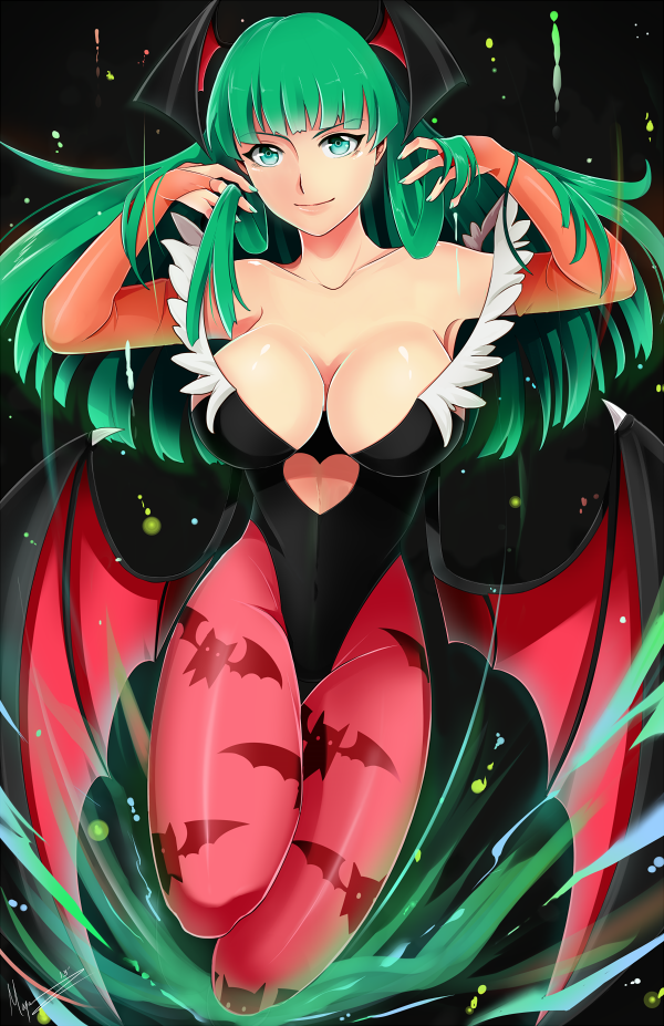 1girl, bare_shoulders, bat_print, bat_wings, breasts, bridal_gauntlets, cleavage, demon_girl