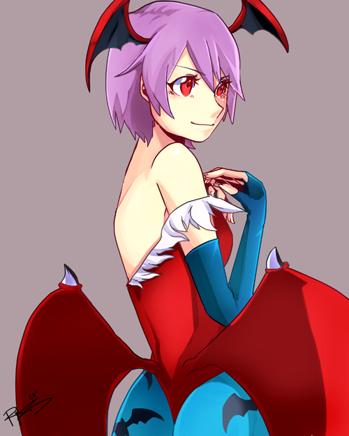 1girl, ass, bare_shoulders, bat_print, bat_wings, bridal_gauntlets, demon_girl, head_wings, lilith_aensland, low_wings, pantyhose, print_legwear, red_eyes, short_hair, signature, solo, succubus, vampire_(game), wings, xryuu