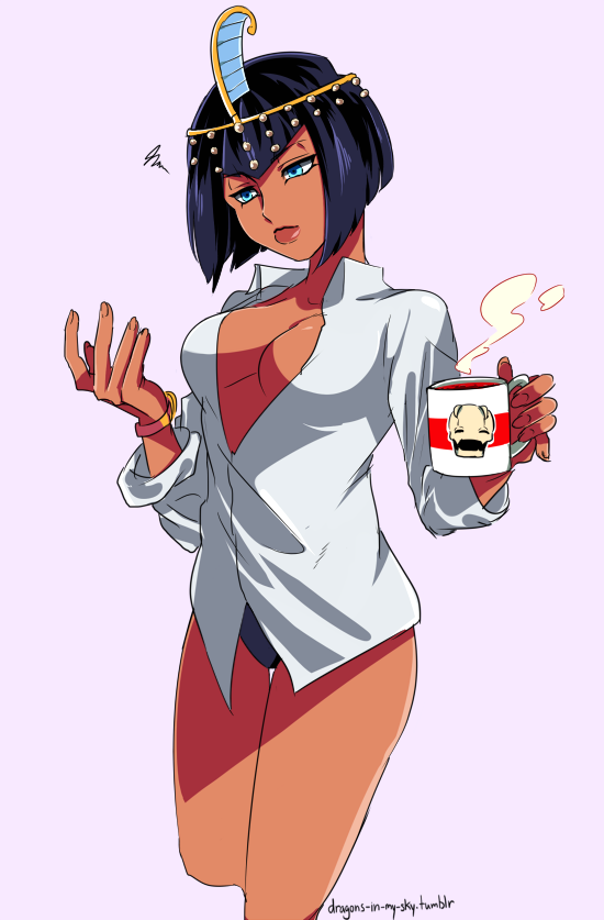 1girl, black_hair, black_panties, bracelet, breasts, coffee, coffee_mug, cropped_legs