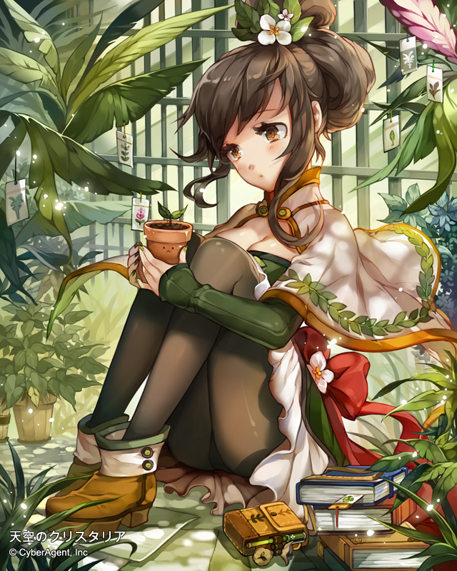 1girl, :<, black_legwear, book, bookmark, boots, breasts, brown_hair