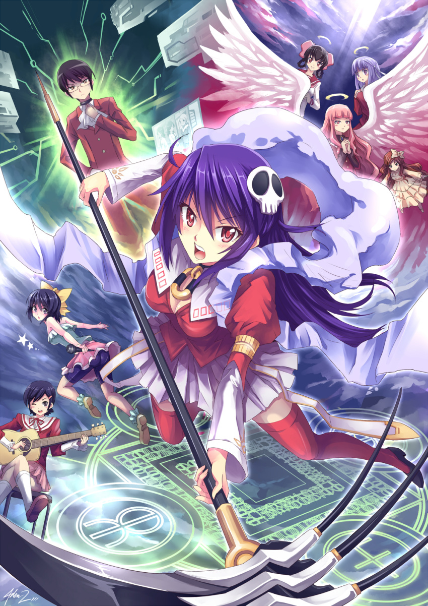 1boy, 6+girls, angel_wings, ayukawa_tenri, bare_shoulders, black_hair, bow, brown_hair
