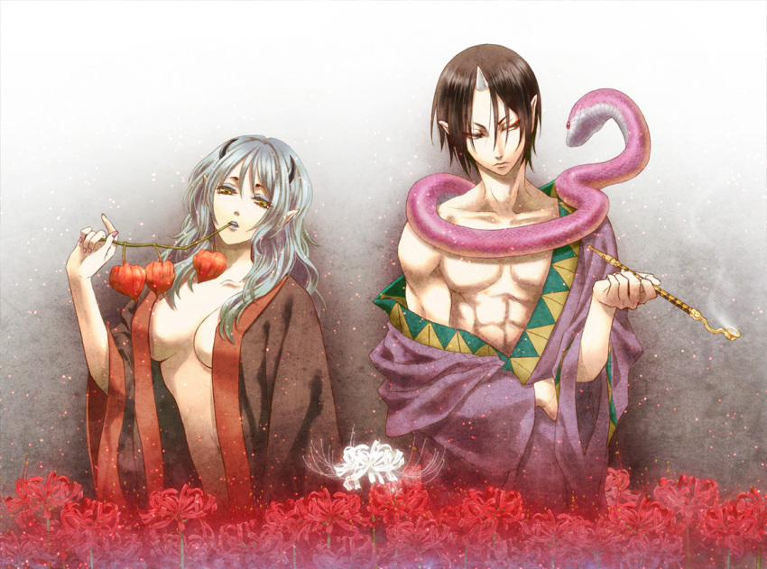 1boy, 1girl, black_hair, green_hair, hoozuki_(hoozuki_no_reitetsu), hoozuki_no_reitetsu, horn, japanese_clothes, kagami1007, long_hair, makeup, okou_(hoozuki_no_reitetsu), pipe, pointy_ears, yellow_eyes