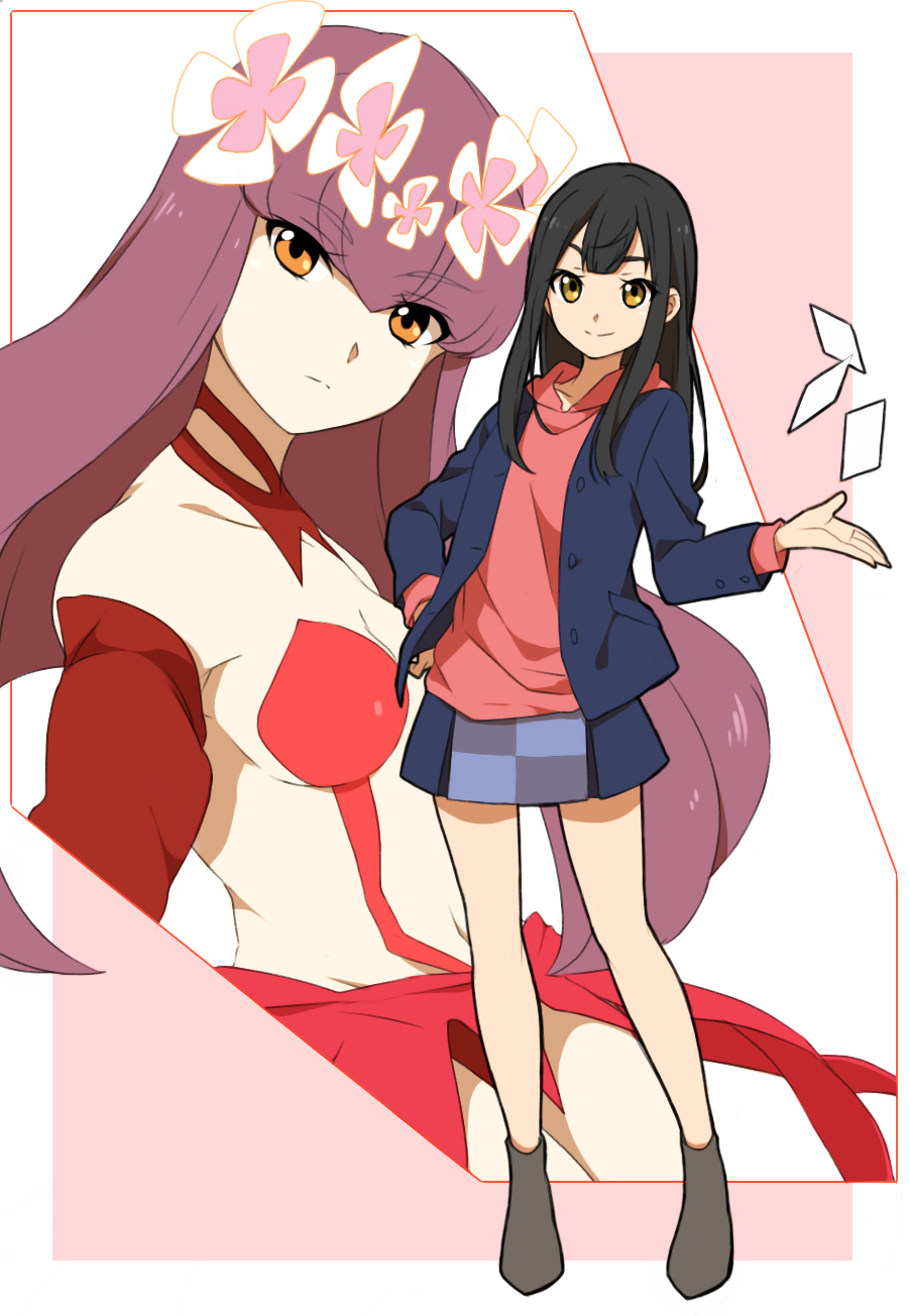 2girls, black_hair, breasts, card, detached_sleeves, flower, hair_flower, hair_ornament