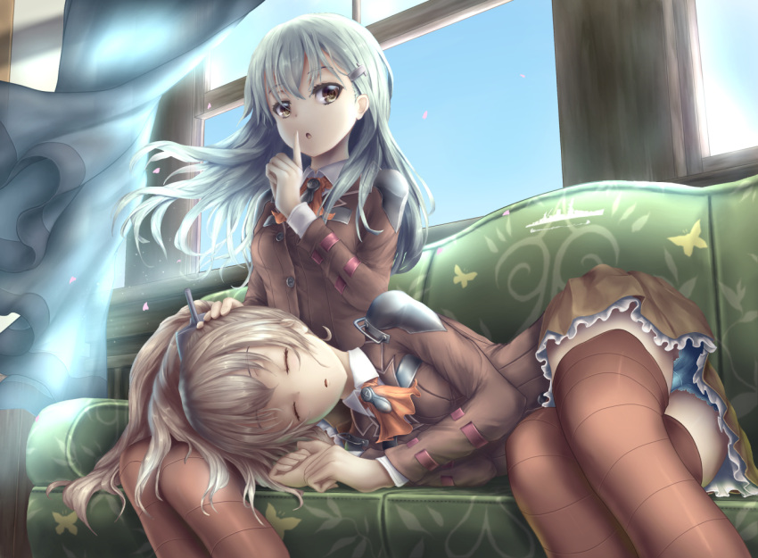 2girls, aqua_hair, blue_panties, blush, brown_hair, brown_legwear, closed_eyes, couch