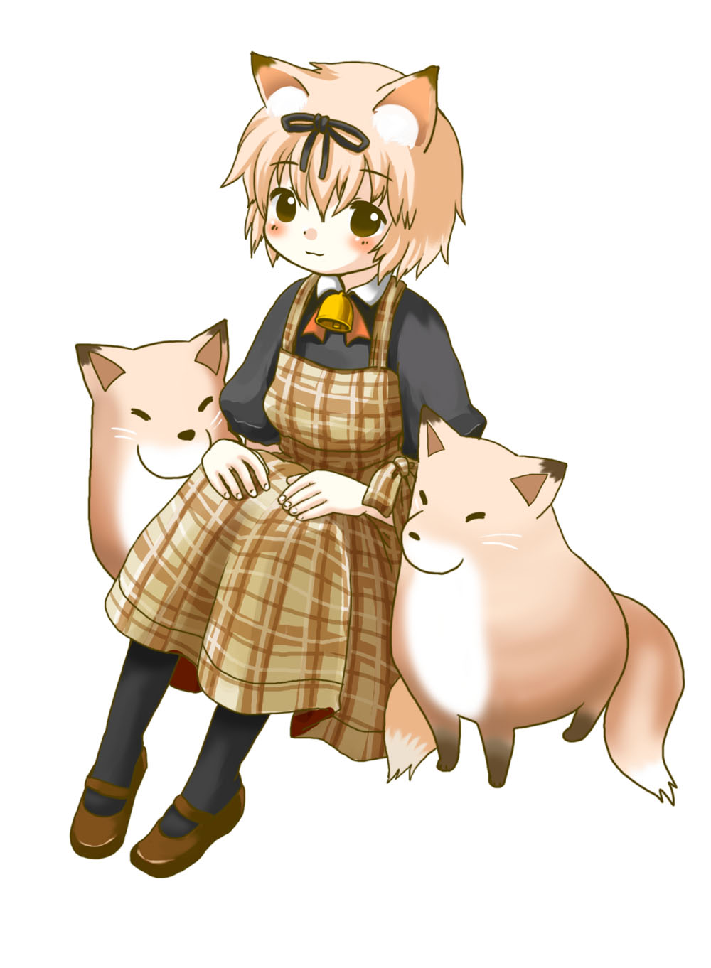 1girl, aizawa_shin, animal, animal_ears, bell, bow, dress, fox