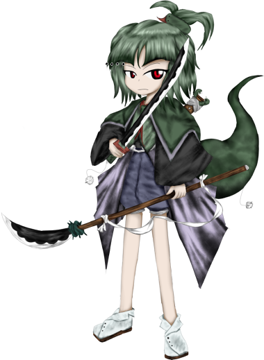 adagumo_no_saragimaru, androgynous, black_clothes, earthen_miraculous_sword, frown, green_clothes, jynx_(artist), katana