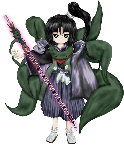 adagumo_no_yaorochi, androgynous, black_hair, earthen_miraculous_sword, green, green_clothes, grey_eyes, hakama