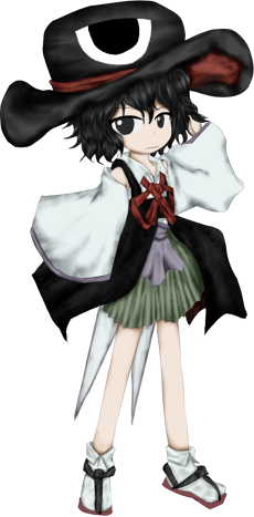 androgynous, big_hat, black_hair, detached_sleeves, earthen_miraculous_sword, enraku_tsubakura, frown, geta