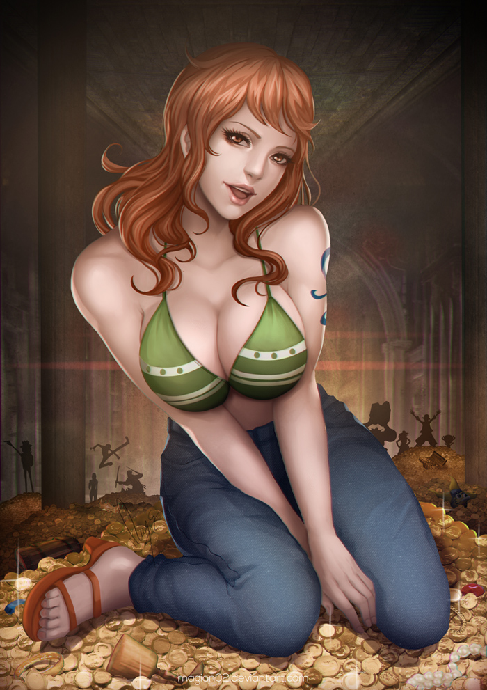 1girl, bikini, bikini_top, breasts, brown_eyes, brown_hair, cleavage, denim