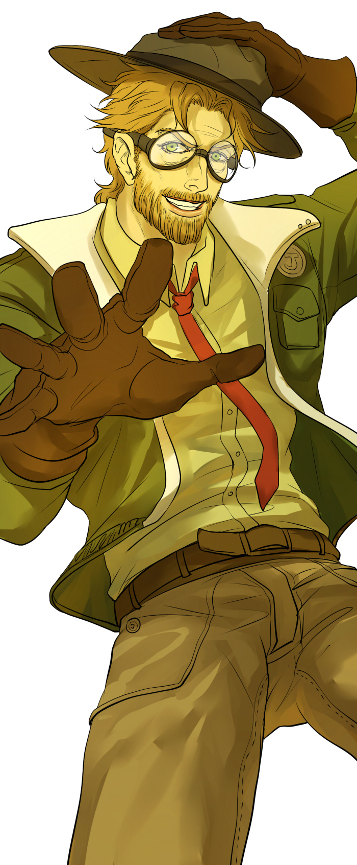 1boy, beard, blonde_hair, facial_hair, glasses, gloves, goggles, green_eyes