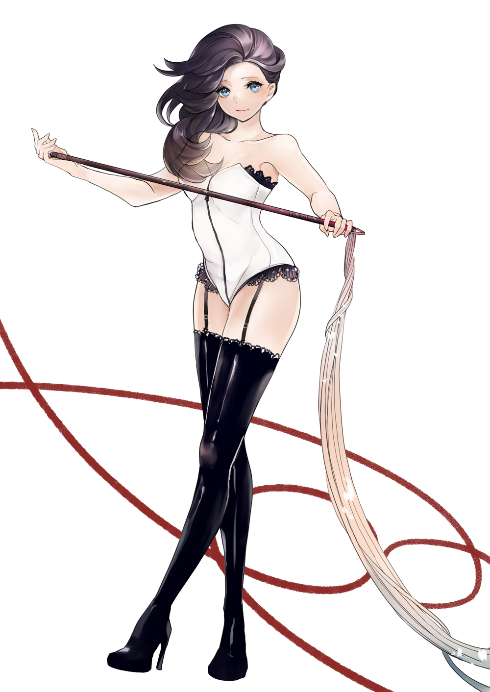 1girl, black_hair, black_legwear, blue_eyes, boots, corset, dutch_angle, full_body
