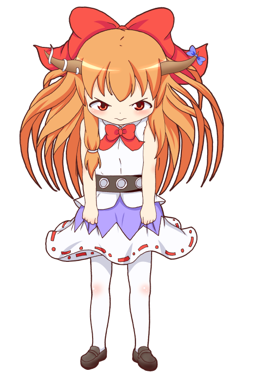 1girl, angry, belt, bow, hair_bow, head_tilt, horn_ribbon, horns