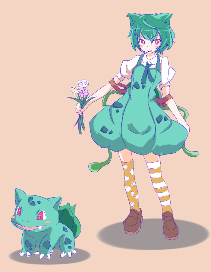 1girl, bulbasaur, green_hair, personification, pokemon, pokemon_(creature), red_eyes, simple_background, smile, solo, yamamoto_(kirisamemario)