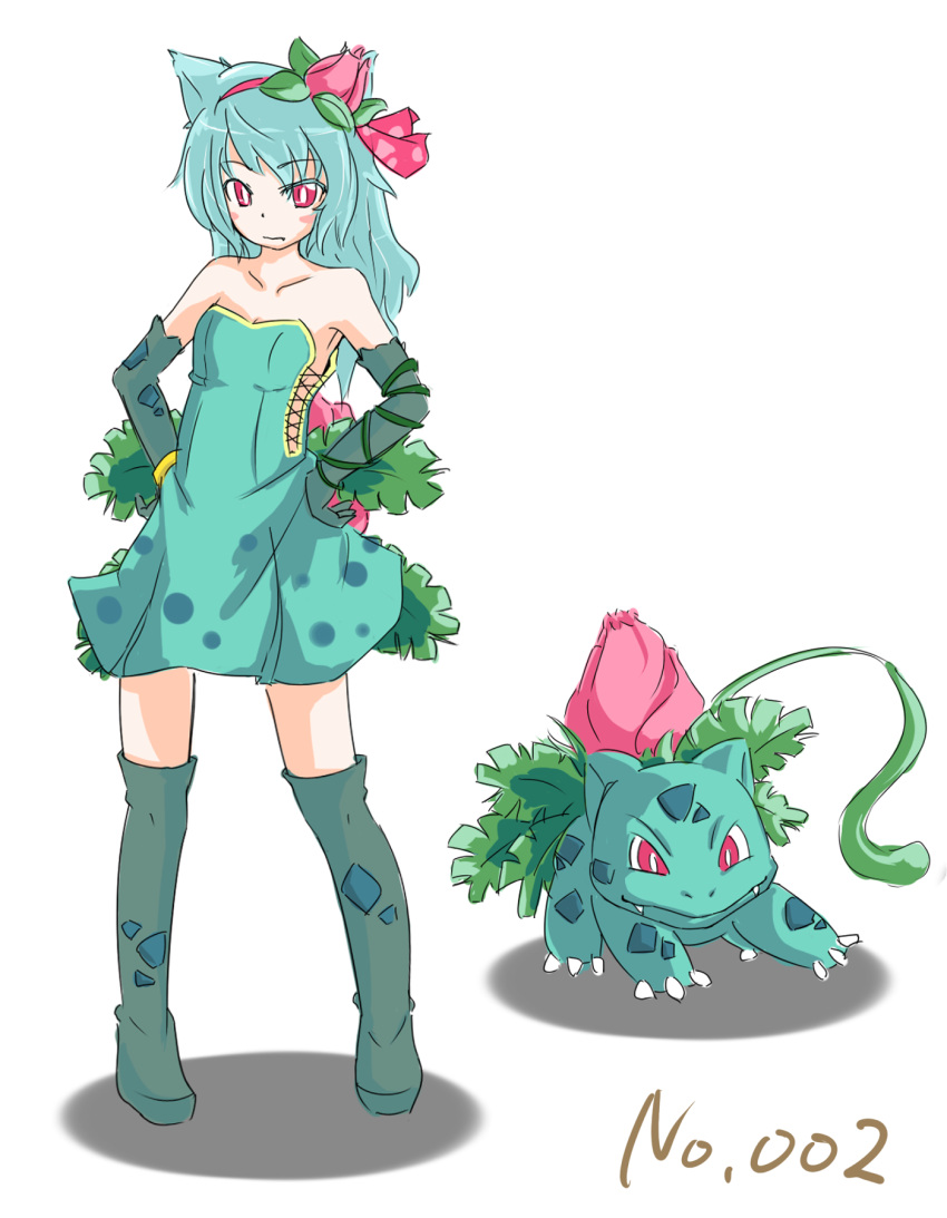 1girl, bare_shoulders, blush, elbow_gloves, flower, gloves, hair_flower, hair_ornament, hands_on_hips, highres, ivysaur, long_hair, personification, pokemon, pokemon_(creature), red_eyes, simple_background, white_background, yamamoto_(kirisamemario)