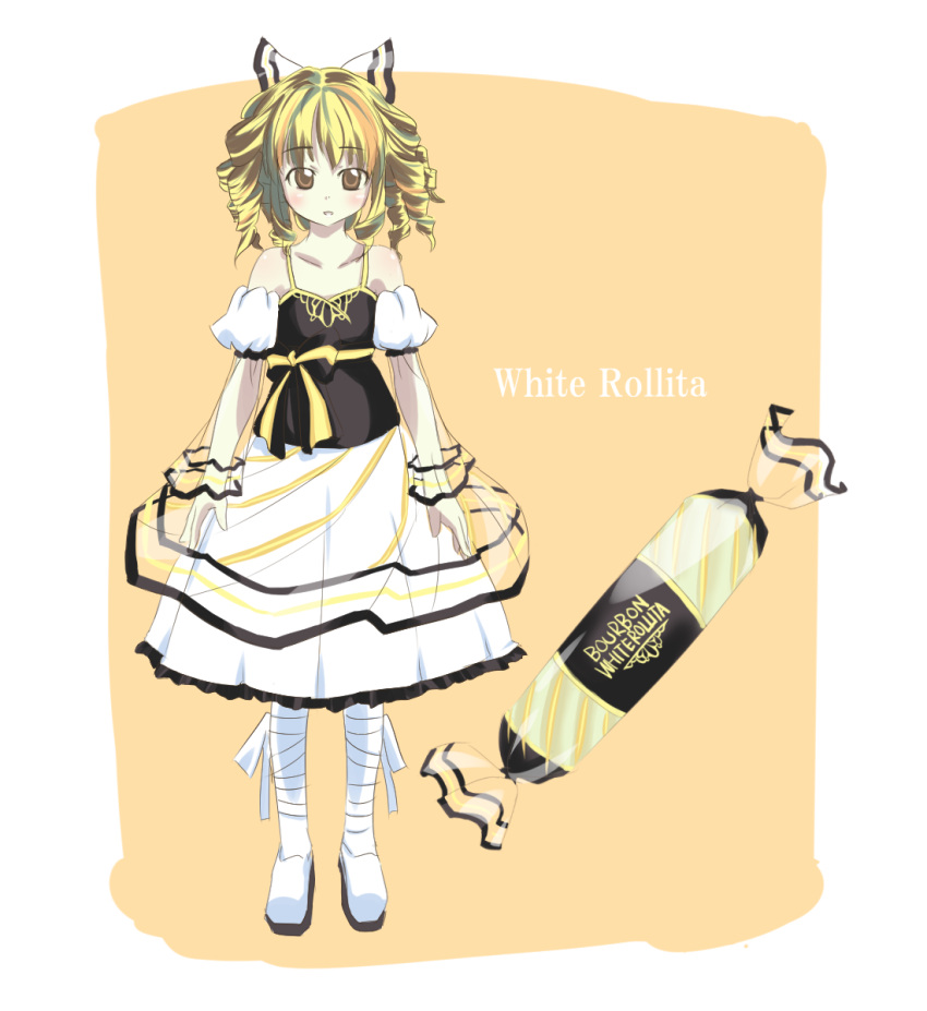 1girl, blonde_hair, blush, candy, food_themed_clothes, highres, looking_at_viewer, original