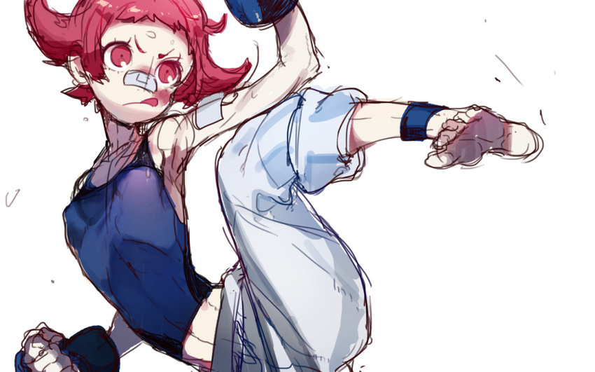 1girl, :q, ankleband, bandaid, bandaid_on_nose, barefoot, fighting_stance, flat_chest