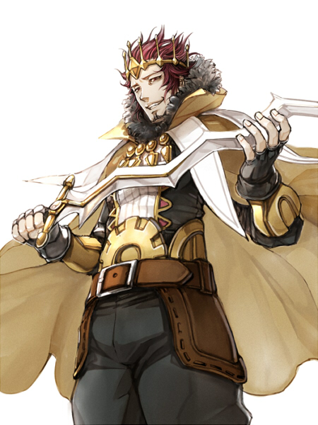1boy, arm_guards, belt, black_gloves, black_legwear, cape, circlet, crown