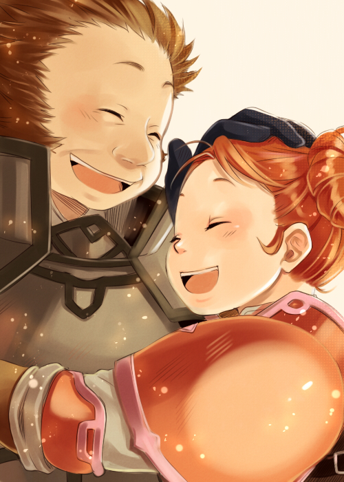 1girl, armor, brom, brown_hair, closed_eyes, double_bun, fat, father_and_daughter