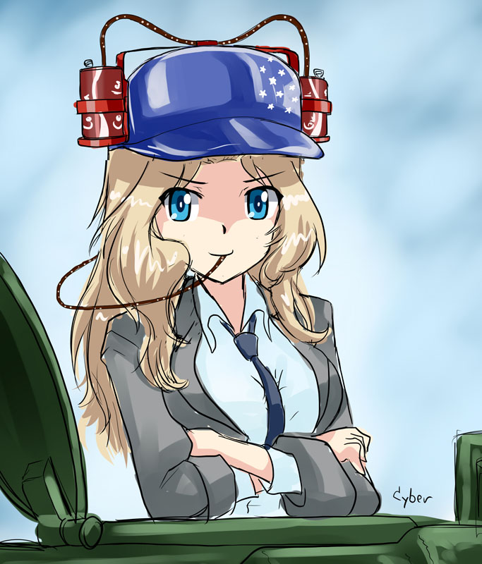1girl, artist_name, baseball_cap, beer_hat, blonde_hair, blue_eyes, breasts, coca-cola, crossed_arms, cyber_(cyber_knight), girls_und_panzer, hat, jacket, kay_(girls_und_panzer), long_hair, military, military_vehicle, necktie, product_placement, school_uniform, signature, soda, solo, tank, uniform, vehicle