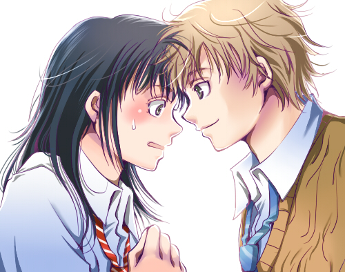 1boy, 1girl, black_hair, blonde_hair, blush, coppelion, couple, flustered