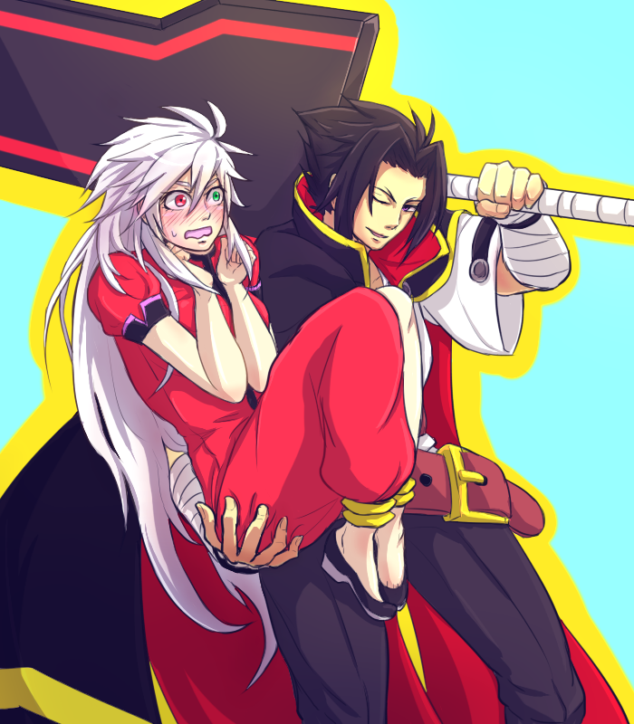 1boy, 1girl, black_hair, blazblue, blazblue:_chronophantasma, blush, cape, carrying