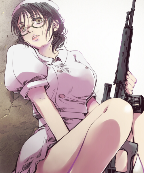 1girl, bare_legs, black_hair, brown_eyes, coppelion, dragunov_svd, glasses, gun