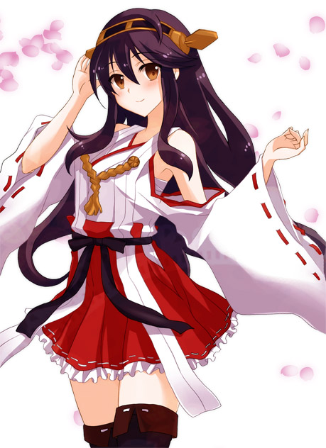 1girl, bare_shoulders, black_hair, black_legwear, blush, breasts, detached_sleeves, hair_ornament, hairband, hairclip, haruna_(kantai_collection), japanese_clothes, kantai_collection, long_hair, megumi_ryouko, nontraditional_miko, personification, petals, skirt, smile, solo, thigh-highs