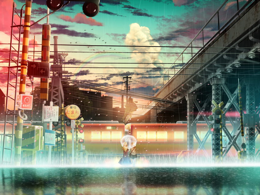2girls, bird, blonde_hair, bridge, building, clouds, dress, hat