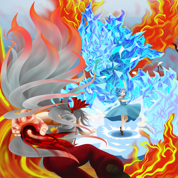 artist_request, battle, blue_hair, cirno, dress, fighting_stance, fire, foreshortening