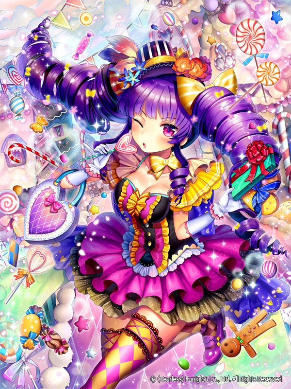 1girl, blush, bonbon, bow, breasts, candy, checkered, checkered_legwear