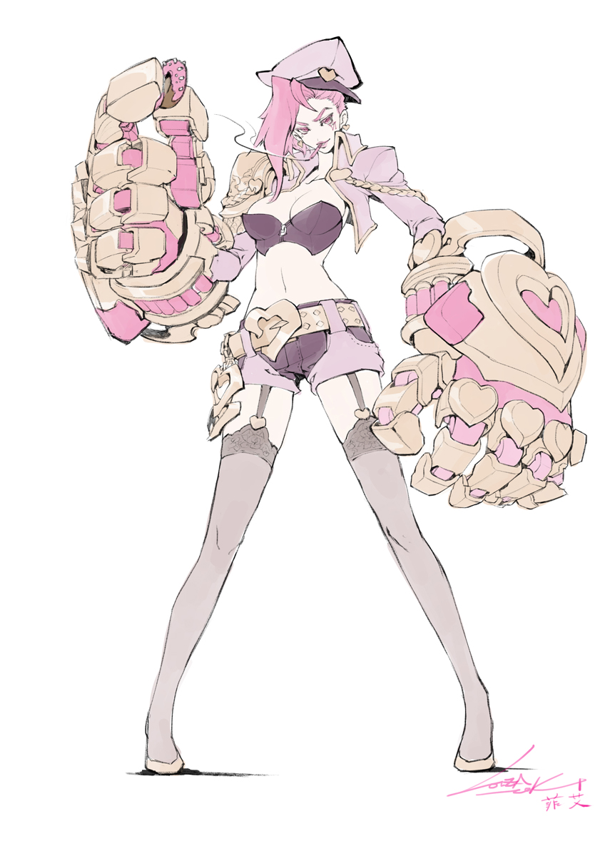 1girl, alternate_costume, belt, breasts, cigarette, doughnut, garter_straps, gauntlets
