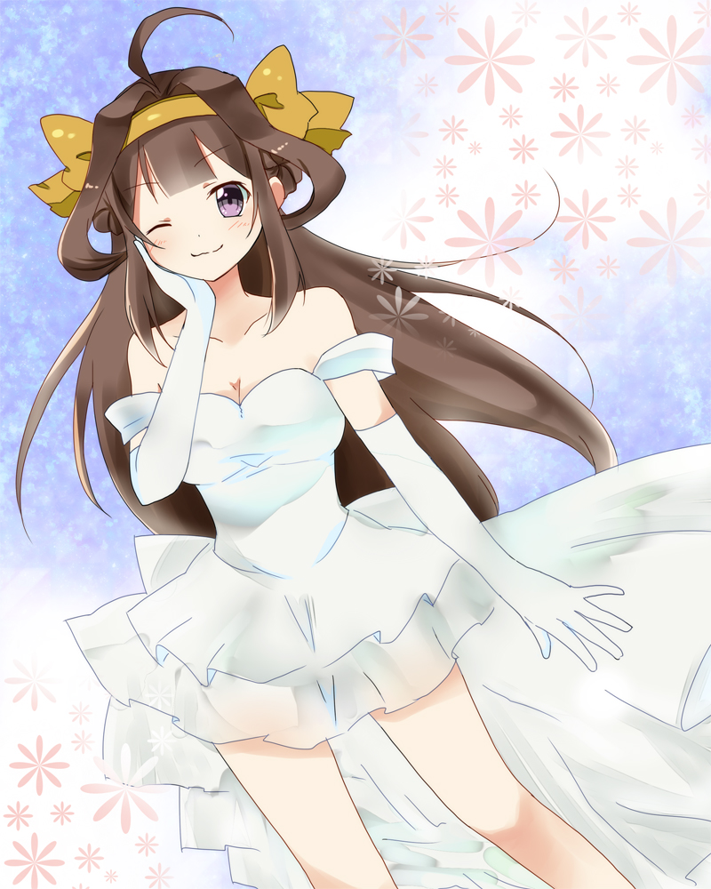 1girl, ahoge, bare_shoulders, brown_hair, double_bun, dress, elbow_gloves, gloves
