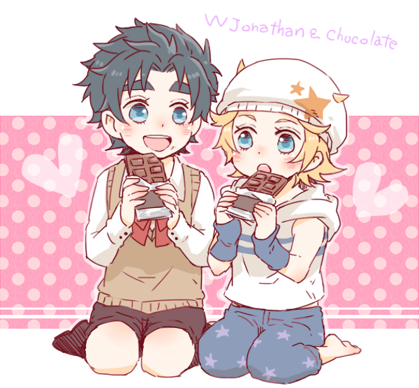 2boys, blonde_hair, blue_eyes, blue_hair, chocolate_bar, eating, hat, ikublack, johnny_joestar, jojo_no_kimyou_na_bouken, jonathan_joestar, male, multiple_boys, steel_ball_run