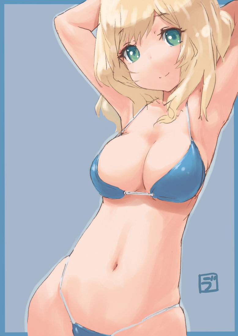 1girl, alternate_costume, armpits, arms_behind_head, arms_up, atago_(kantai_collection), bikini, blonde_hair, blue_bikini, breasts, cleavage, green_eyes, kantai_collection, large_breasts, light_smile, navel, no_hat, personification, rough, skindentation, solo, stomach, strap_gap, string_bikini, swimsuit, uni_tenten