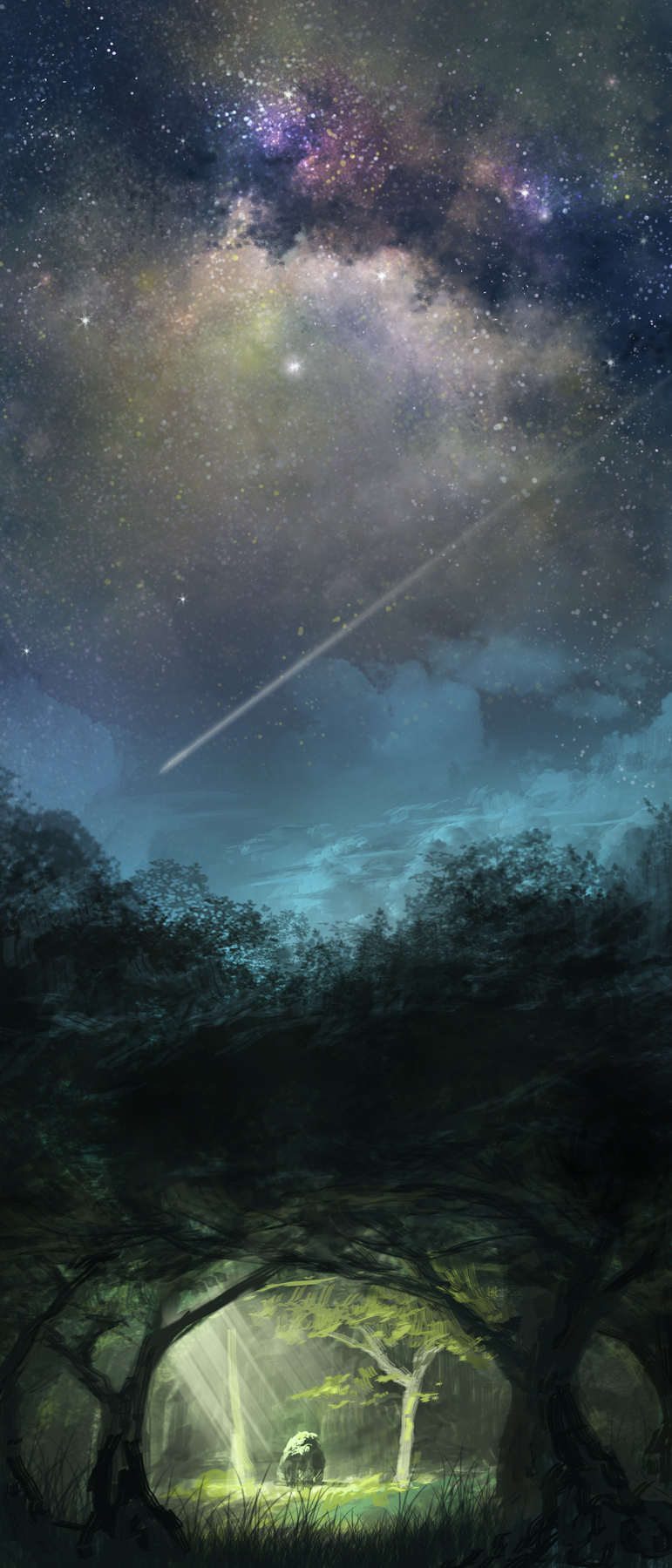 emuson, forest, highres, light_rays, nature, night, night_sky, no_humans