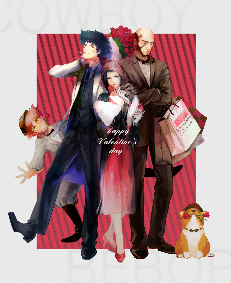 2boys, 2girls, bag, bald, beard, blush_stickers, bouquet, cigarette, cowboy_bebop, dog, edward_wong_hau_pepelu_tivrusky_iv, ein_(cowboy_bebop), facial_hair, faye_valentine, flower, formal, hat, highres, jet_black, multiple_boys, multiple_girls, necktie, purple_hair, redhead, rose, shirou_shirou, smile, spike_spiegel, spiky_hair, suit, welsh_corgi, yellow_eyes