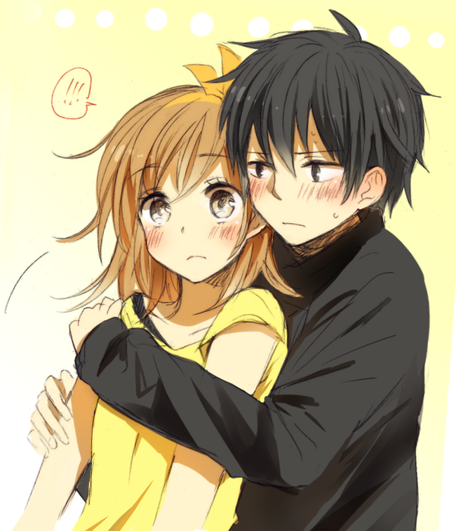 !, 1boy, 1girl, black_eyes, black_hair, blush, brown_eyes, brown_hair