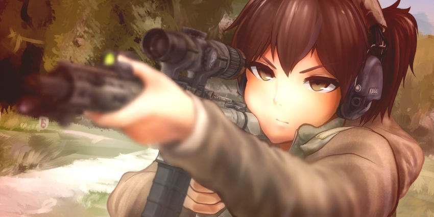 1girl, alternate_costume, assault_rifle, blurry, brown_eyes, brown_hair, character_name, depth_of_field