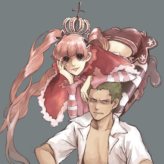 chin_rest, crown, green_hair, one_piece, open_clothes, open_shirt, pantyhose, perona