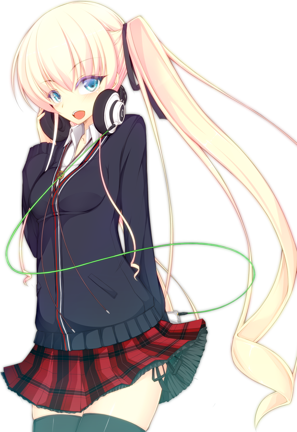 1girl, akg, black_panties, blonde_hair, blue_eyes, blush, hair_ribbon, headphones