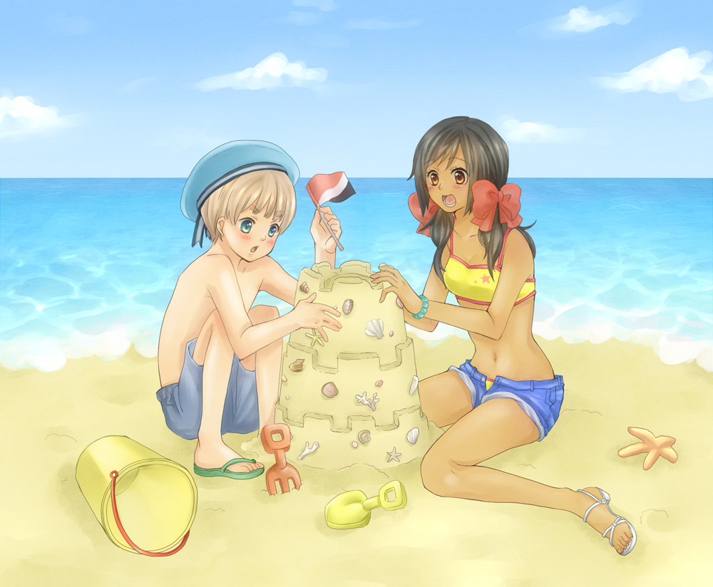 1boy, 1girl, axis_powers_hetalia, beach, bikini, black_hair, bracelet, brown_eyes, bucket, dark_skin, denim, denim_shorts, hair_ribbon, hat, jewelry, long_hair, ribbon, sailor_hat, sand_castle, sand_sculpture, sandals, sealand_(hetalia), sealand_flag, seashell, seychelles_(hetalia), shell, short_hair, short_shorts, shorts, shovel, swim_trunks, swimsuit, tamura_(yorlmlchl), twintails, water, worktool