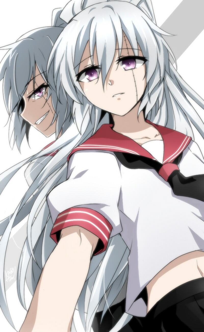 1girl, akuma_no_riddle, banba_mahiru, banba_shinya, dual_persona, grey_hair, grin, highres