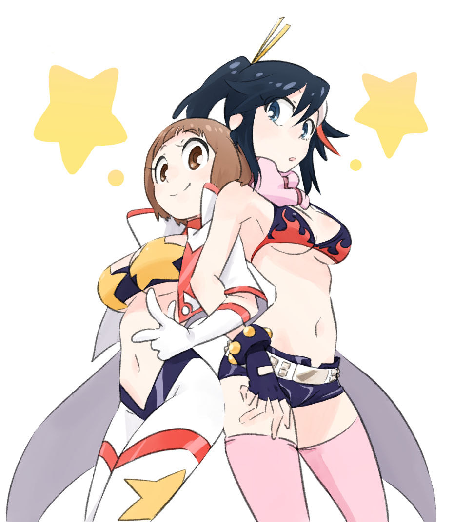 2girls, adafada, alternate_costume, alternate_hair_length, alternate_hairstyle, back-to-back, belt, black_hair, blue_eyes, breasts, brown_eyes, brown_hair, cape, cosplay, elbow_gloves, gloves, hair_ornament, hair_stick, high_collar, highlights, kill_la_kill, large_breasts, locked_arms, mankanshoku_mako, matoi_ryuuko, midriff, multicolored_hair, multiple_girls, navel, pink_legwear, ponytail, scarf, short_hair, short_shorts, shorts, smile, star, tengen_toppa_gurren_lagann, thighhighs, underboob, v, yoko_littner, yoko_littner_(cosplay)
