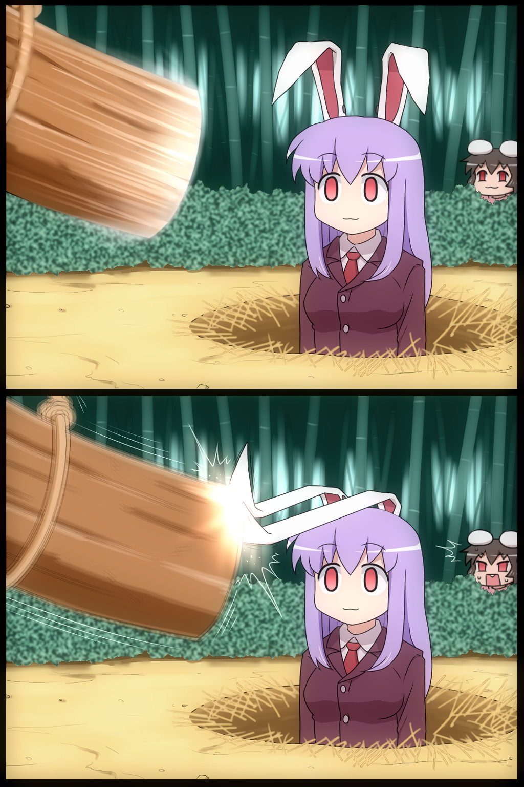 2girls, :3, animal_ears, bamboo, black_hair, highres, inaba_tewi, log