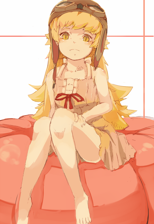 1girl, bakemonogatari, bare_arms, bare_legs, bare_shoulders, barefoot, blonde_hair, dress, goggles_on_hat, hat, helmet, long_hair, looking_at_viewer, monogatari_(series), oshino_shinobu, sitting, slit_pupils, solo, very_long_hair, white_dress, yellow_eyes, yoss_3
