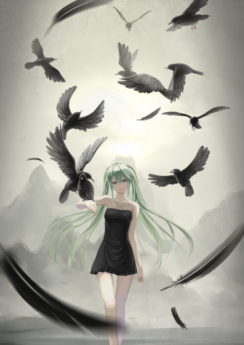 1girl, bird, bon_nob, crow, dress, feathers, green_eyes, green_hair