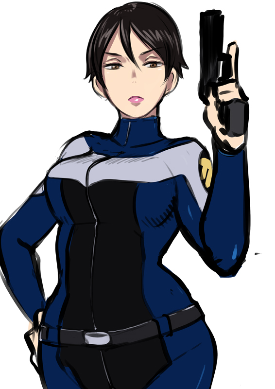 1girl, belt, black_hair, bodysuit, breasts, brown_eyes, disk_wars:_avengers, eroquis, gun, hand_on_hip, jitome, large_breasts, lips, maria_hill, marvel, pistol, short_hair, slender_waist, solo, trigger_discipline, weapon