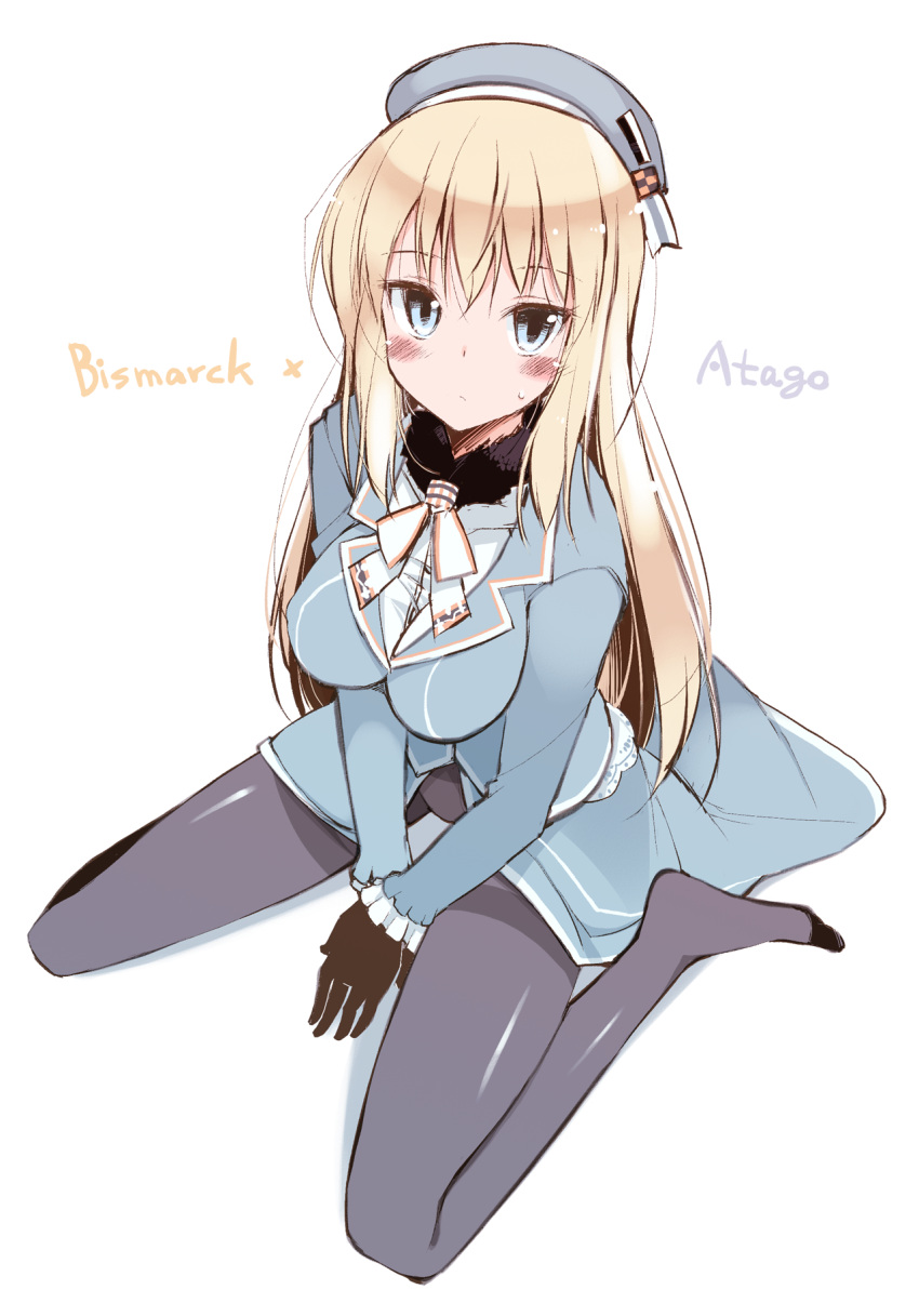 1girl, atago_(kantai_collection), atago_(kantai_collection)_(cosplay), bismarck_(kantai_collection), black_gloves, black_legwear, blonde_hair, blue_eyes